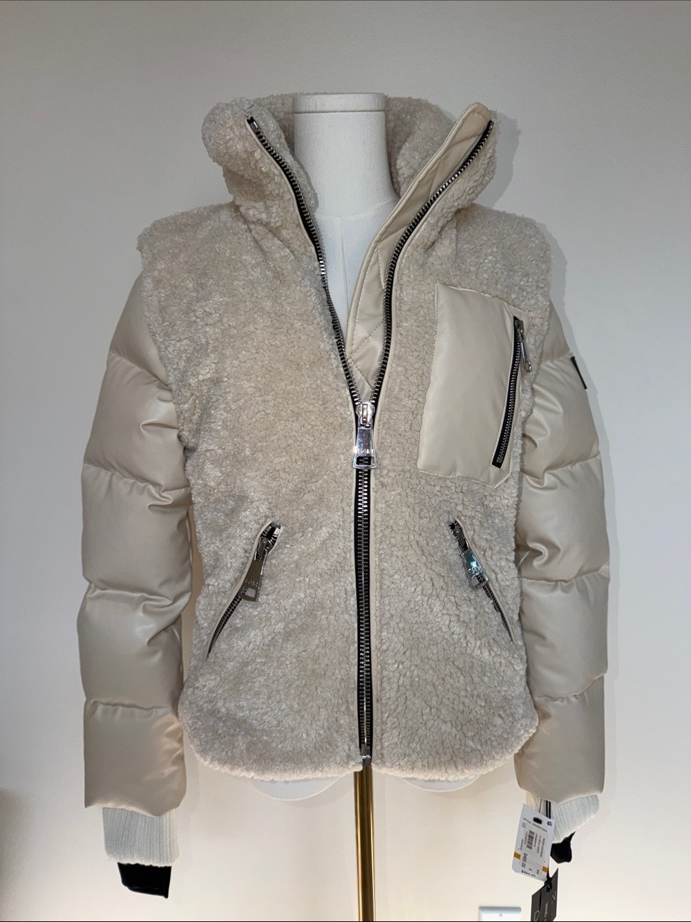 SAM. Cream Sherpa Puffer Jacket with Quilted Sleeves